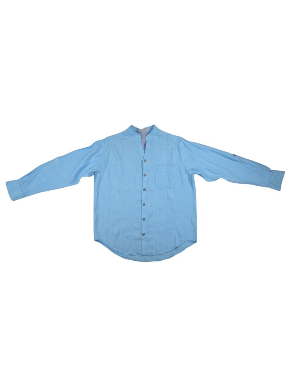 Caribbean Joe Resort Blue Linen Rayon Striped Mandarin Collar Shirt Men's Medium - Picture 2 of 13